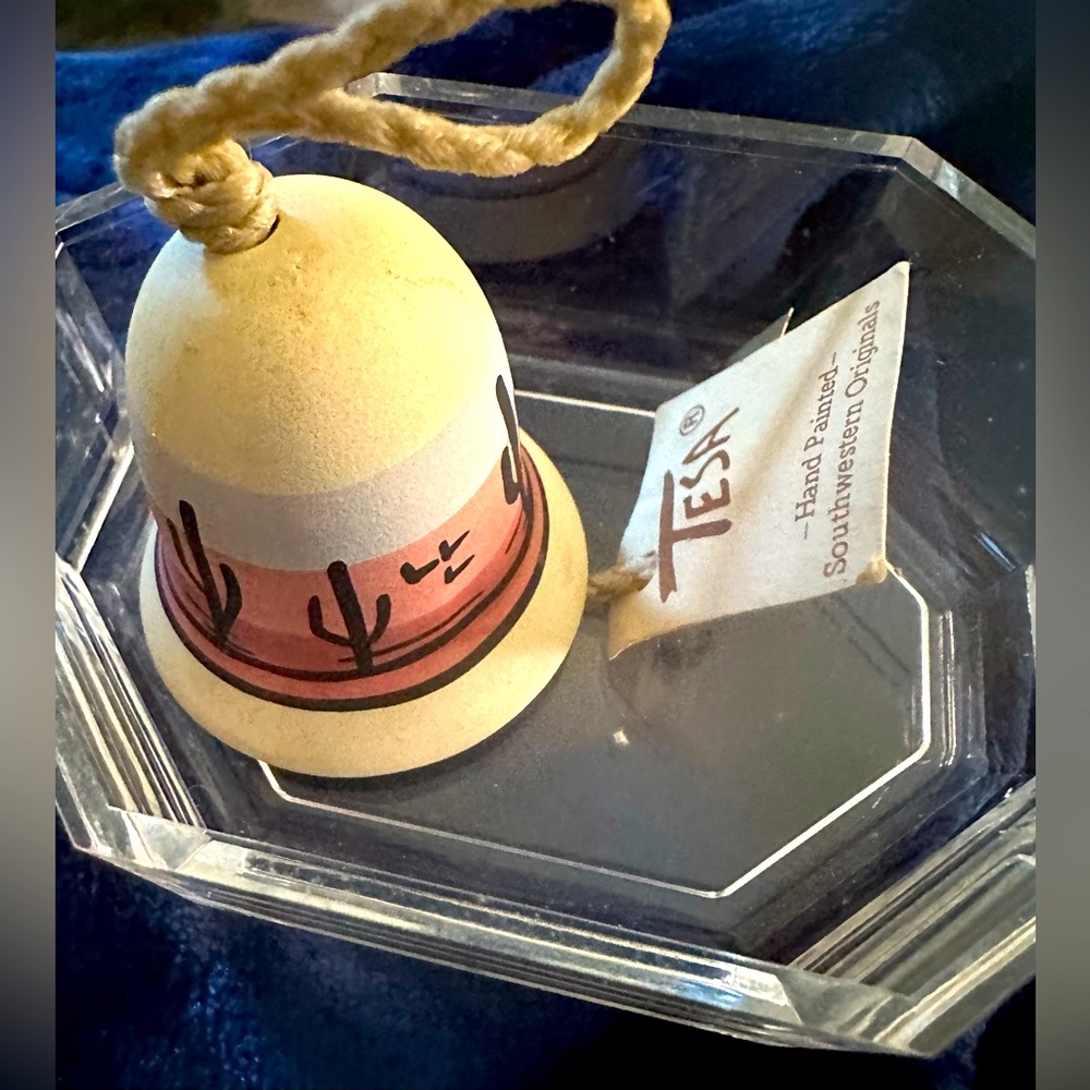 NWT Vtg Tesa Maack HandPainted Ornament Bell 2" Southwestern Clay Cactus Adobe